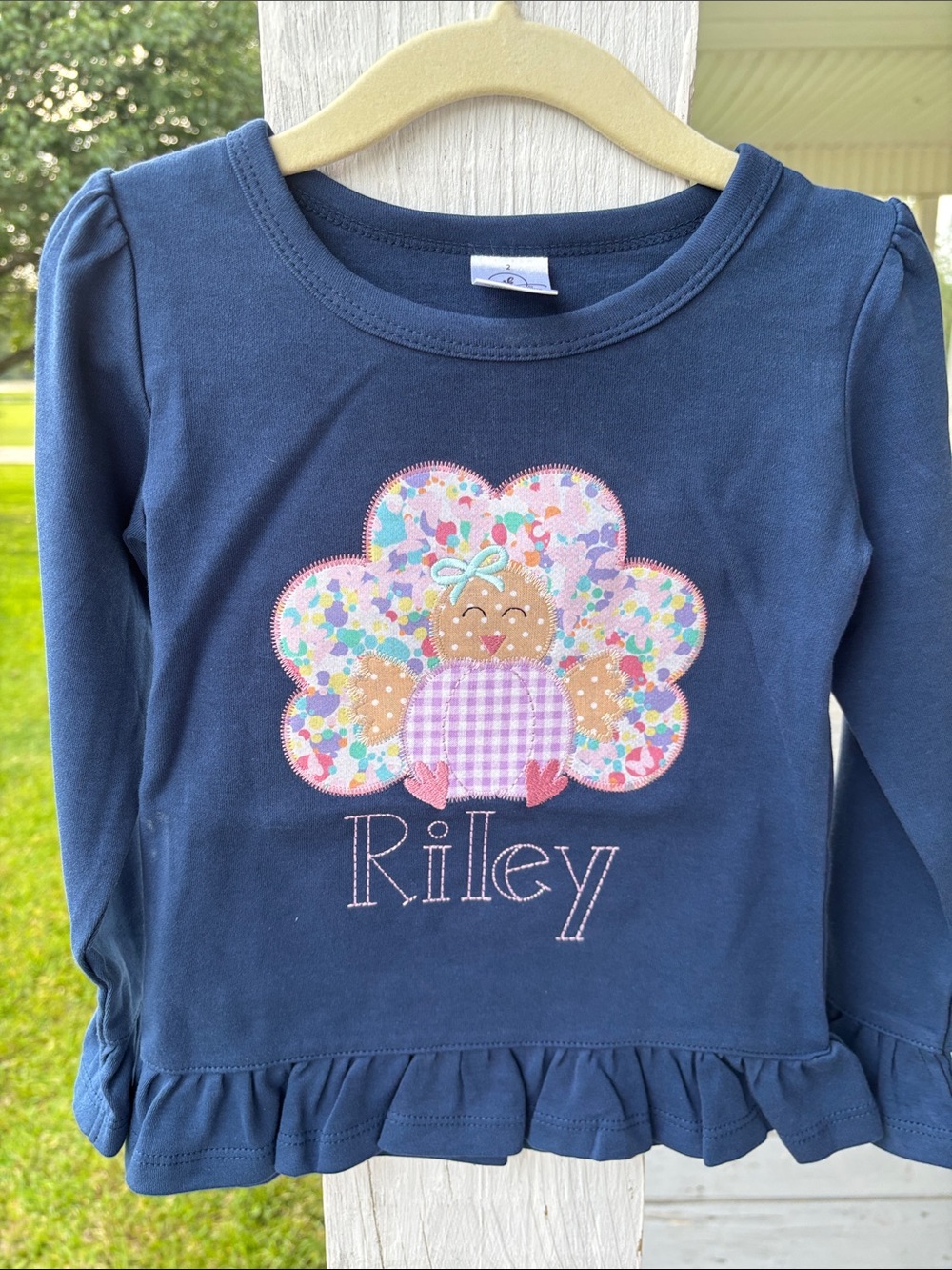 Navy Long-Sleeve Ruffle-Hem Top with Colorful Turkey Appliqué - Riley
